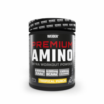 Weider Premium Amino Pulver 800g, schwarze Dose mit gelbem Tropical Punch Etikett, freigestellt vor weißem Hintergrund.