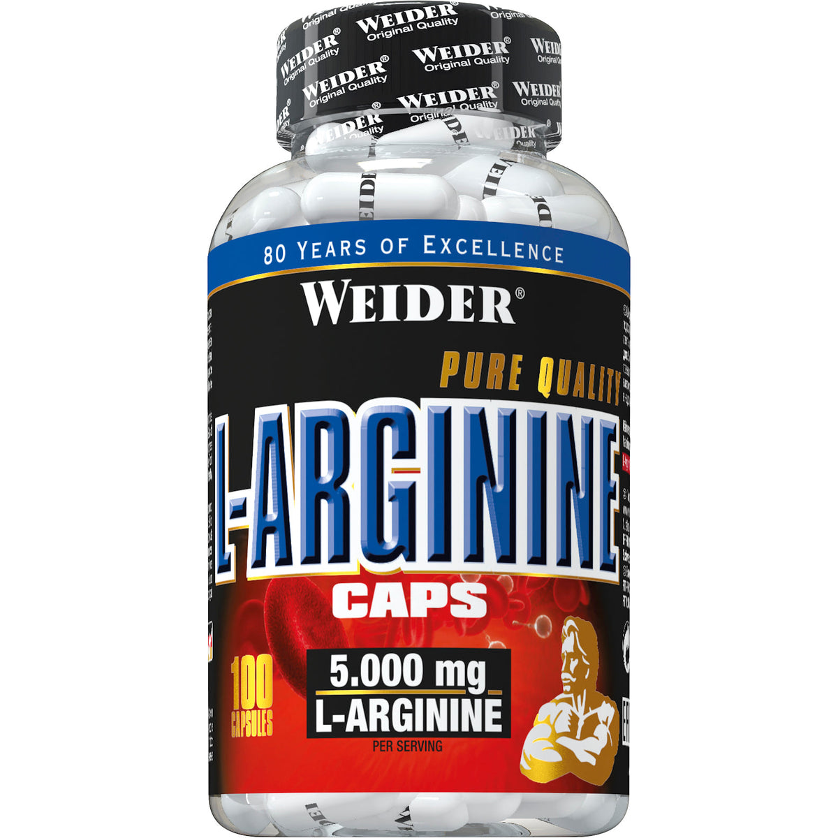 Nahaufnahme einer Weider L-Arginin Caps Dose mit sichtbaren weißen Kapseln im Inneren und deutlich lesbarem Etikett.