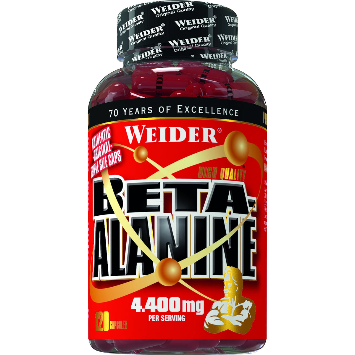 Weider Beta Alanine Caps Dose frontal, gefüllt mit roten Beta-Alanin-Kapseln, auf weißem Hintergrund.