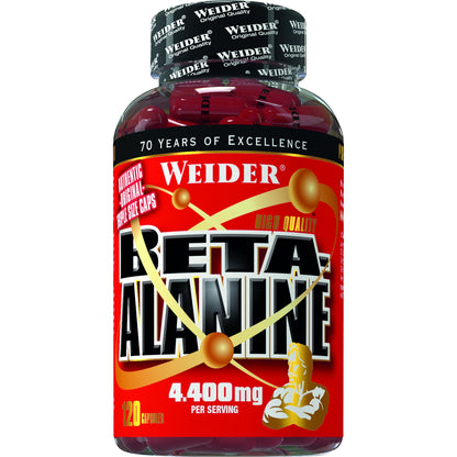 Weider Beta Alanine Caps Dose frontal, gefüllt mit roten Beta-Alanin-Kapseln, auf weißem Hintergrund.