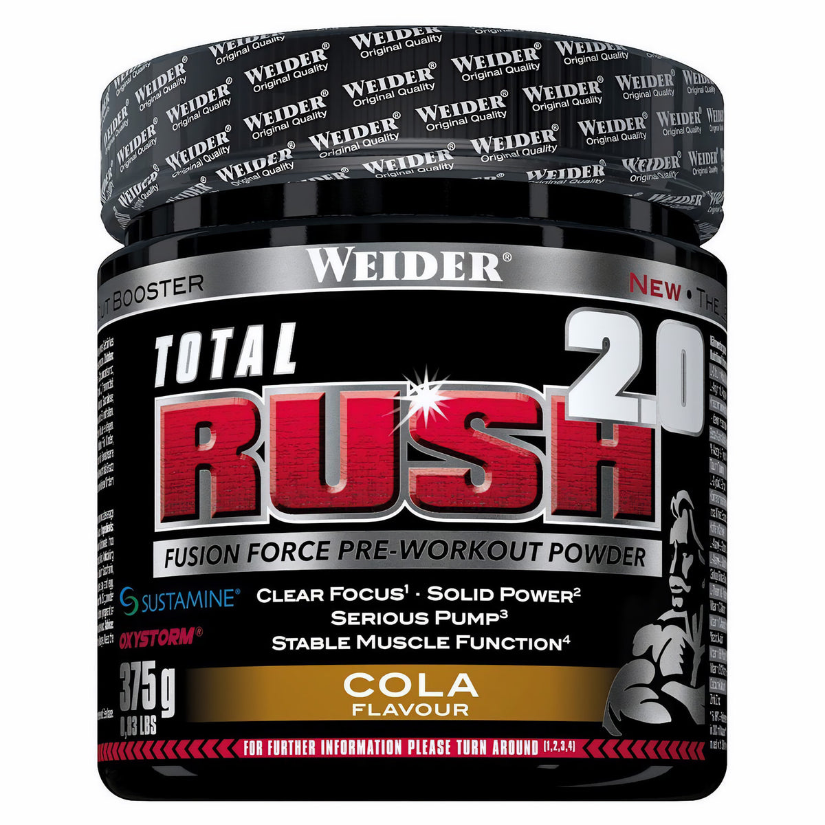 Weider Total Rush 2.0 Booster Dose 375g, Frontalansicht auf das Etikett mit Produktinformationen