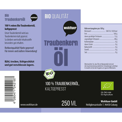 Etikett von wohltuer Traubenkernöl kaltgepresst 250ml mit Produktinformationen, Nährwertangaben und Bio-Siegel.
