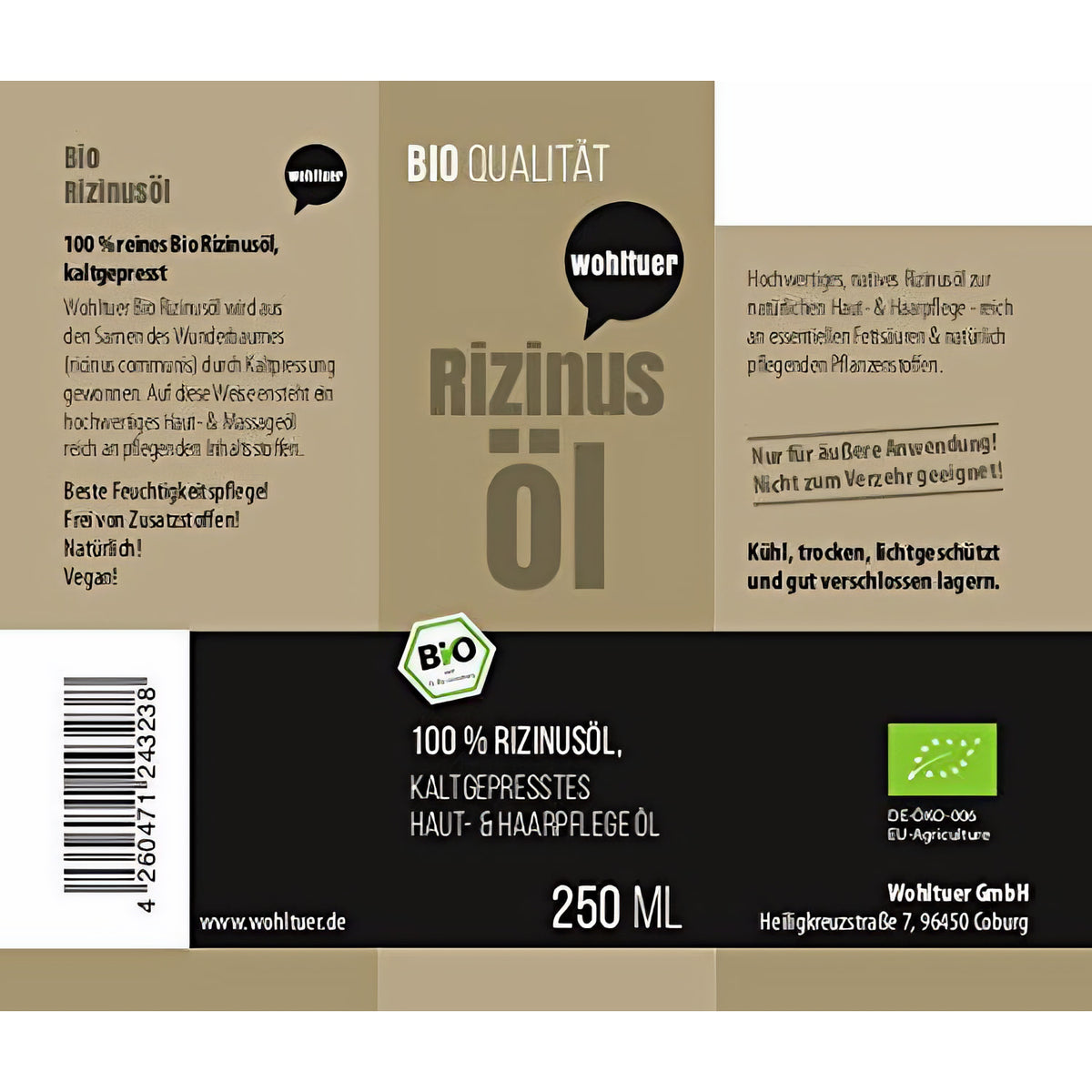 Etikett von Wohltuer Rizinusöl 250ml kaltgepresst mit Produktinformationen, Barcode und Bio-Siegel, Nahaufnahme.