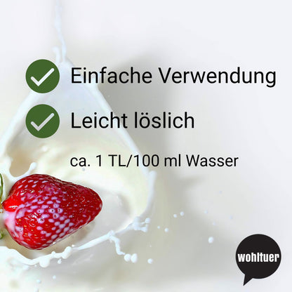 Spritzende Milch mit Erdbeere, daneben Text zur einfachen Verwendung und guten Löslichkeit des Vollmilchpulvers.