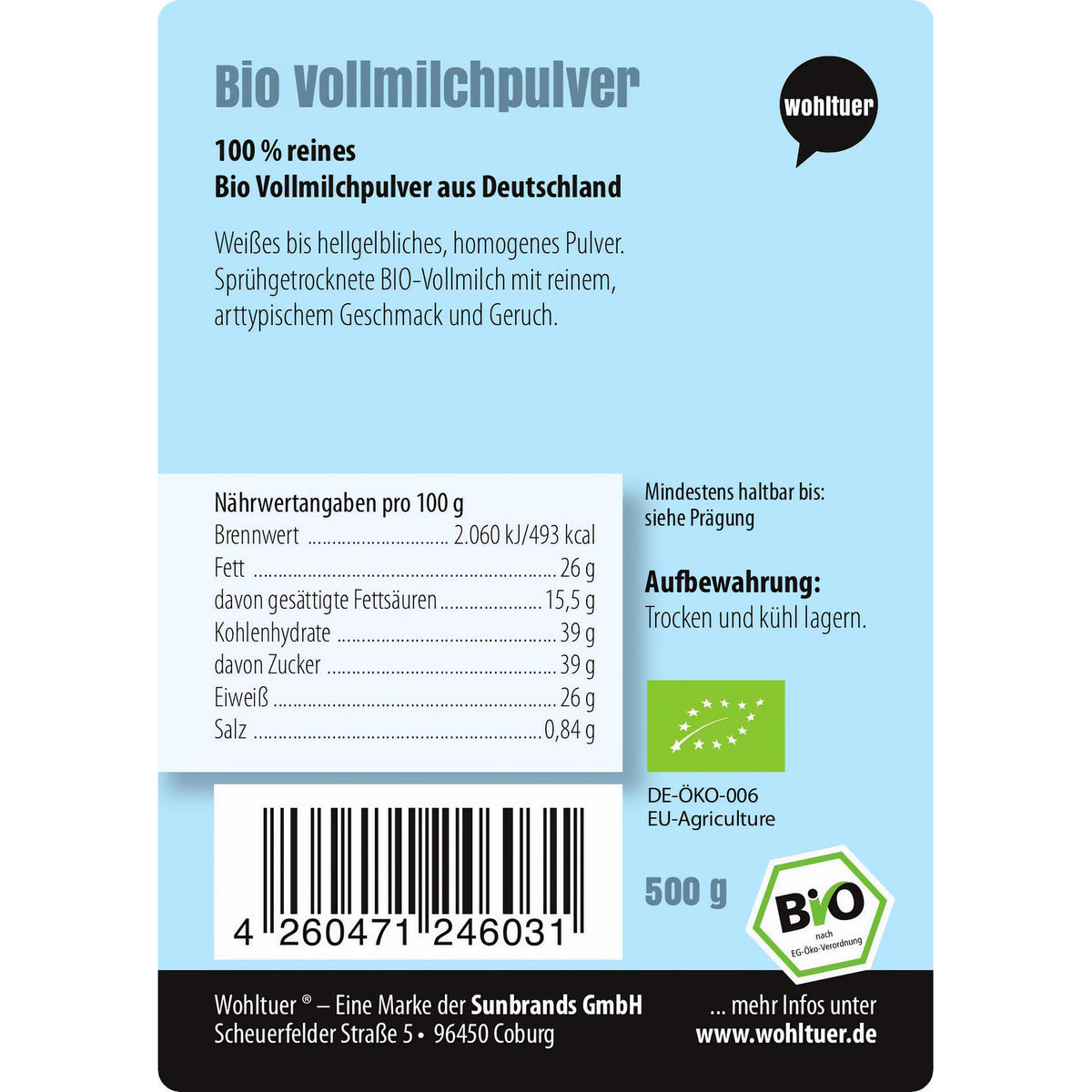 Nährwerttabelle und Produktinfos von wohltuer Vollmilchpulver 500g, inklusive Barcode und Bio-Siegel.