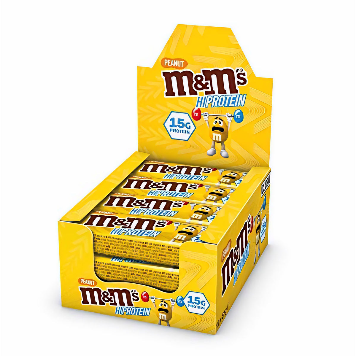 M&M's Protein Bar Eiweißriegel 12x51g in gelber Verkaufspackung, mehrere Riegel sichtbar, freigestellt auf weißem Hintergrund.
