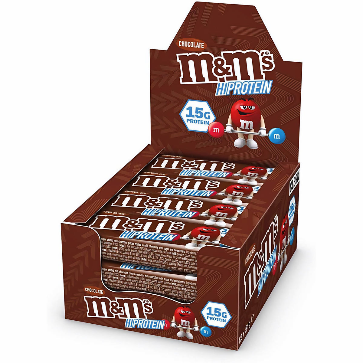 M&M's Protein Bar Eiweißriegel 12x51g in brauner Box, mehrere Riegel sichtbar, Verpackung mit rotem M&M-Charakter und Protein-Hinweis.