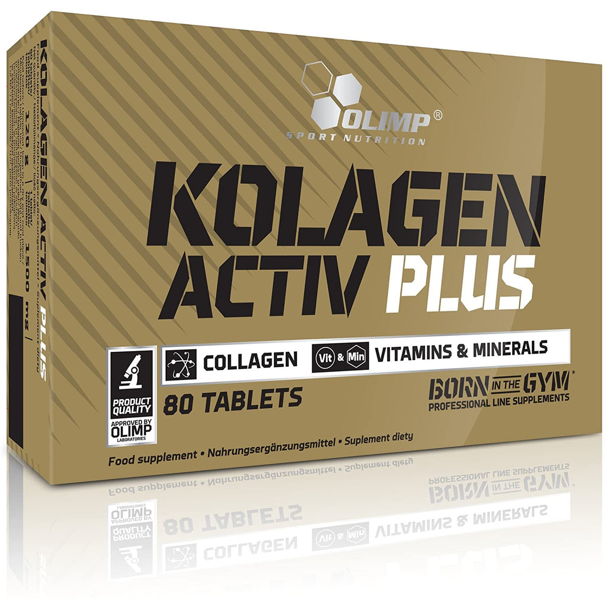 olimp kolagen activ plus Packung frontal fotografiert, goldene Verpackung mit schwarzer und weißer Schrift ohne weitere Gegenstände