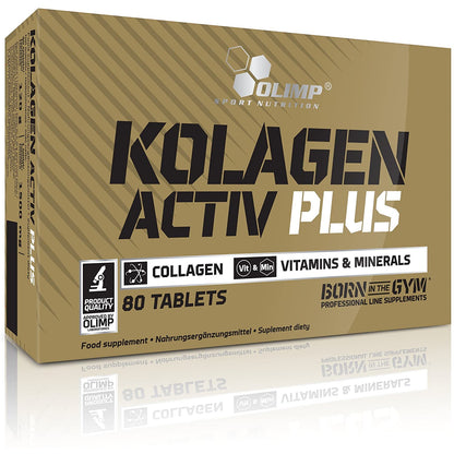 olimp kolagen activ plus Packung frontal fotografiert, goldene Verpackung mit schwarzer und weißer Schrift ohne weitere Gegenstände