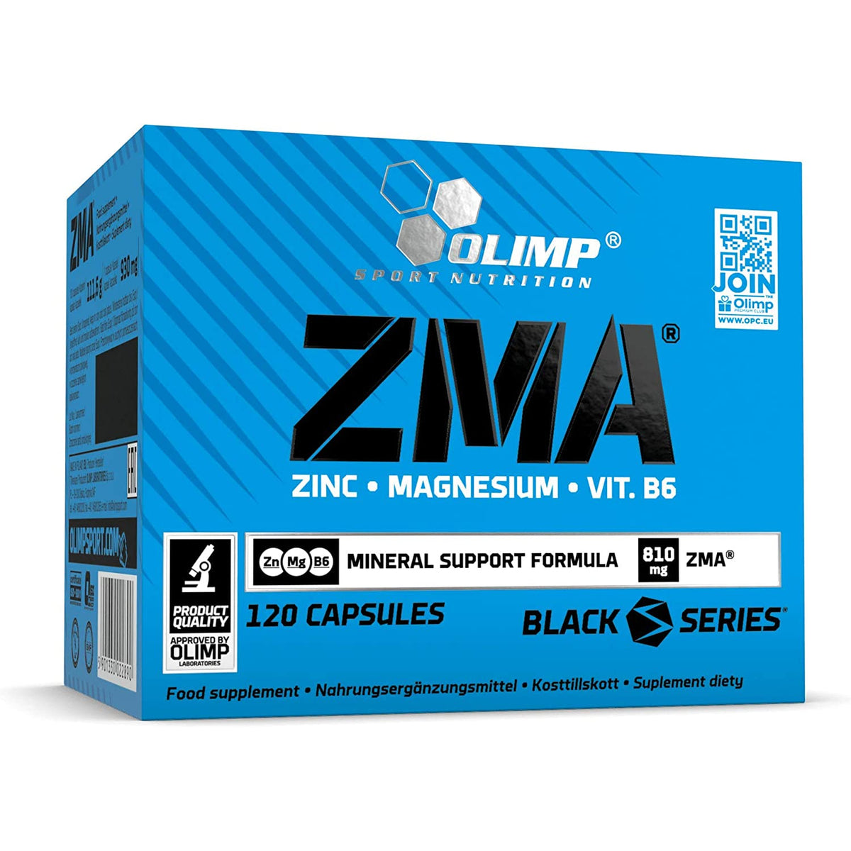 Olimp ZMA Packung mit 120 Kapseln, frontal fotografiert vor weißem Hintergrund, Produktinformationen zu Zink, Magnesium und Vitamin B6 gut lesbar.