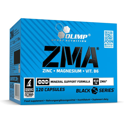 Olimp ZMA Packung mit 120 Kapseln, frontal fotografiert vor weißem Hintergrund, Produktinformationen zu Zink, Magnesium und Vitamin B6 gut lesbar.
