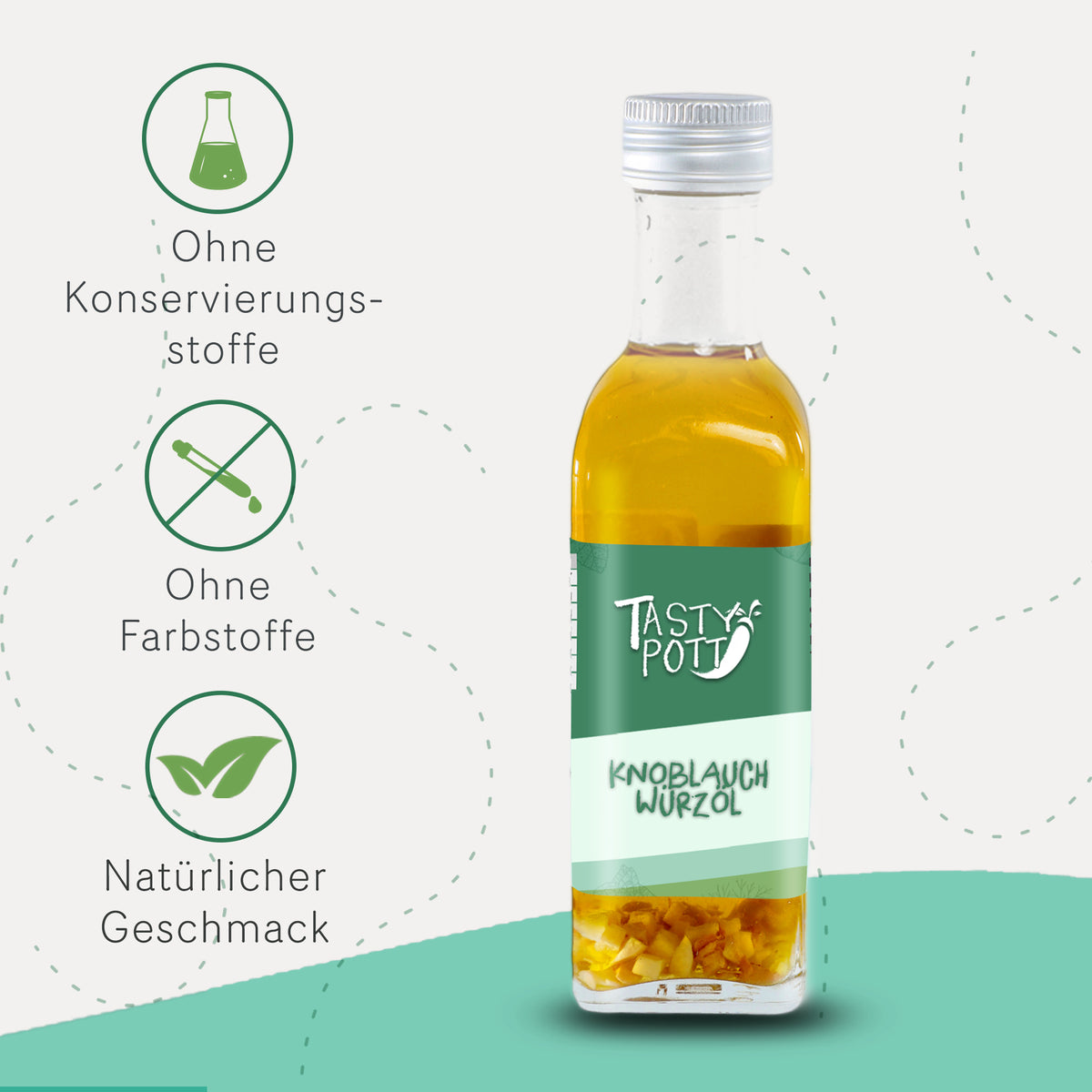 Tasty Pott Knoblauchöl 100ml Flasche auf hellgrünem Untergrund, daneben Icons für natürlichen Geschmack, ohne Farb- und Konservierungsstoffe.