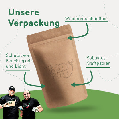 Wiederverschließbare Verpackung aus Kraftpapier von Tasty Pott, schützt Essig, Öle und Säfte vor Feuchtigkeit und Licht.