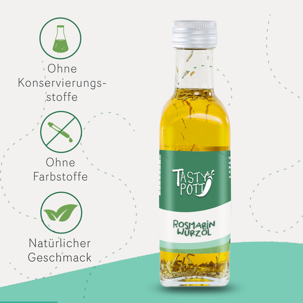 Tasty Pott Rosmarin Würzöl 100ml Flasche neben Symbolen für natürlichen Geschmack, ohne Farb- und Konservierungsstoffe.