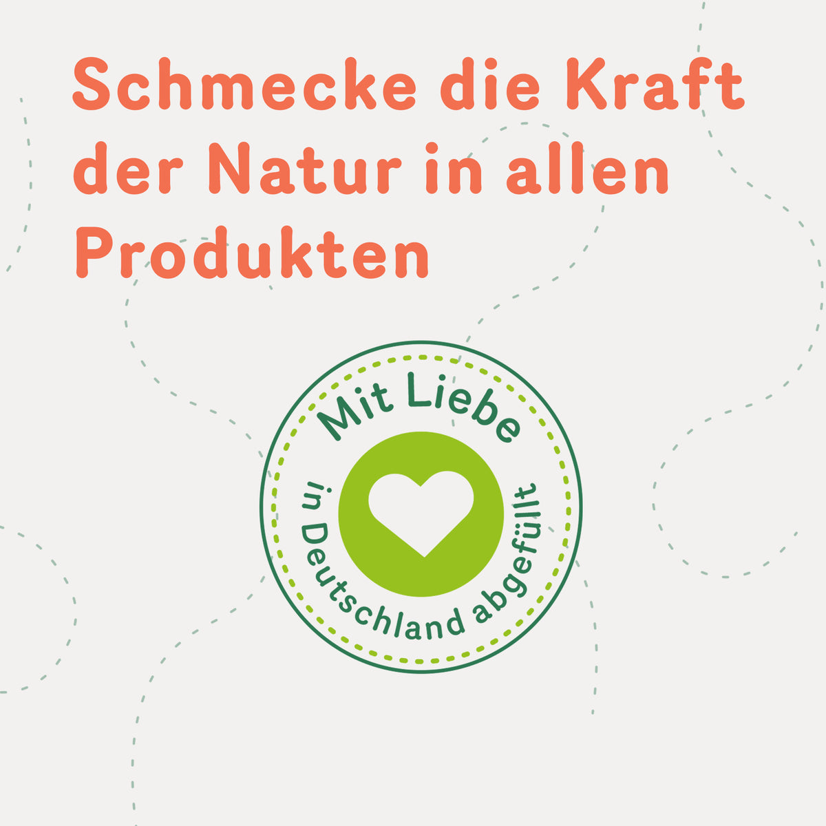 Siegel mit Herz und Text 'Mit Liebe in Deutschland abgefüllt' für Tasty Pott Soßen, dazu Slogan über die Kraft der Natur in allen Produkten.