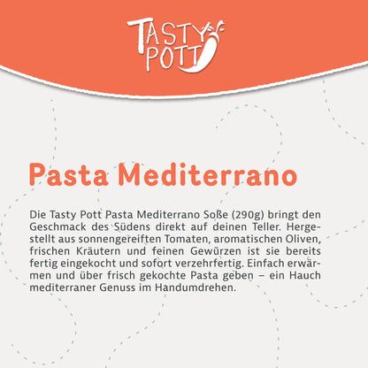 Beschreibung der Tasty Pott Pasta Mediterrano Soße mit Zutaten und Anwendungshinweis auf hellem Hintergrund.