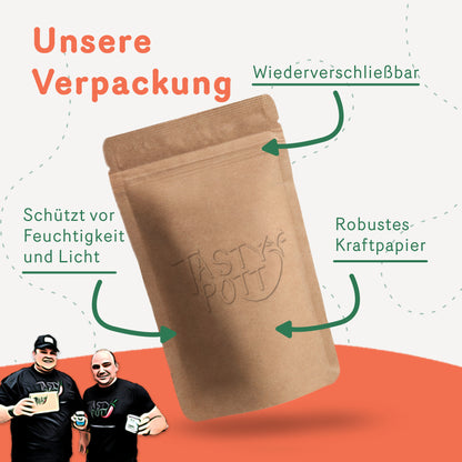 Wiederverschließbare Verpackung aus Kraftpapier von Tasty Pott, mit Hinweisen auf Schutz vor Feuchtigkeit und Licht, geeignet für Gewürze und Saucen.