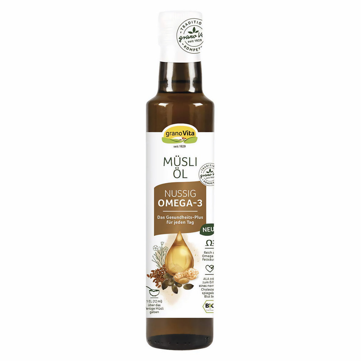 Grano Vita Müsliöl nussig in 250 ml Flasche, freigestellt auf weißem Hintergrund, Etikett mit Omega-3 Hinweis sichtbar.