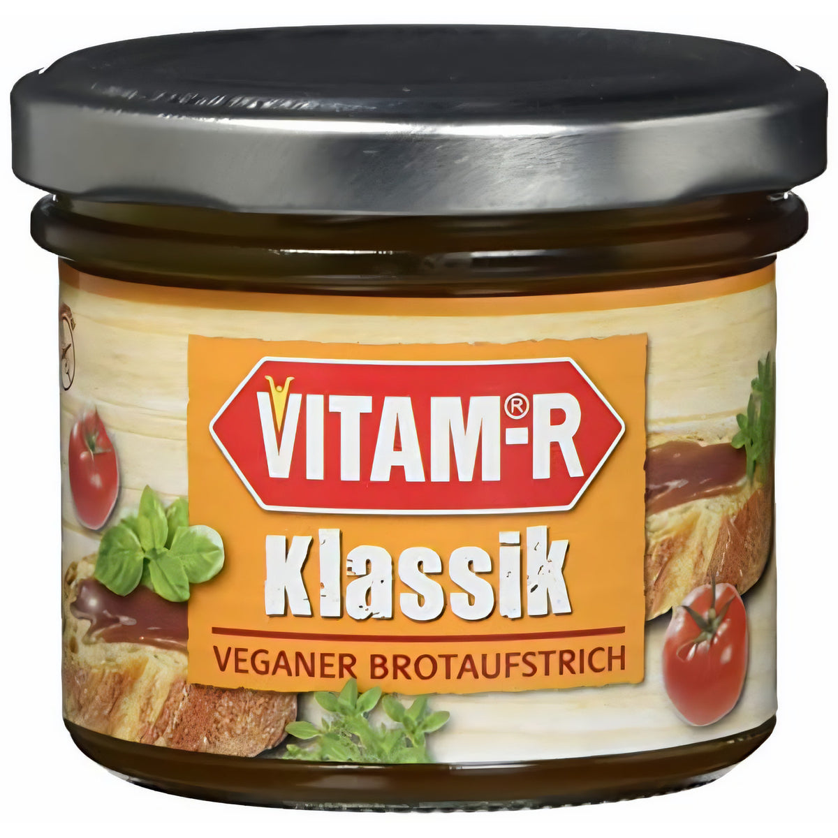 Nahaufnahme eines Glases VITAM-R Hefeextrakt Brotaufstrich 125g mit gelbem Etikett und silbernem Deckel.