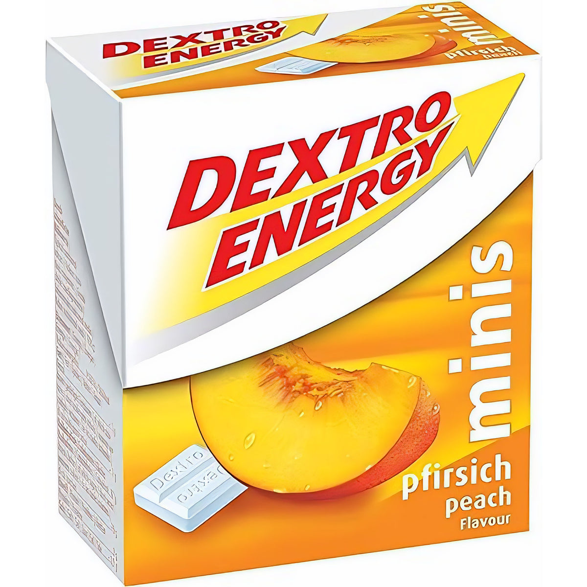 Schräg fotografierte Packung Dextro Energy mini pfirsich geschmack, Vorder- und Seitenansicht mit Pfirsichabbildung und Tablette.
