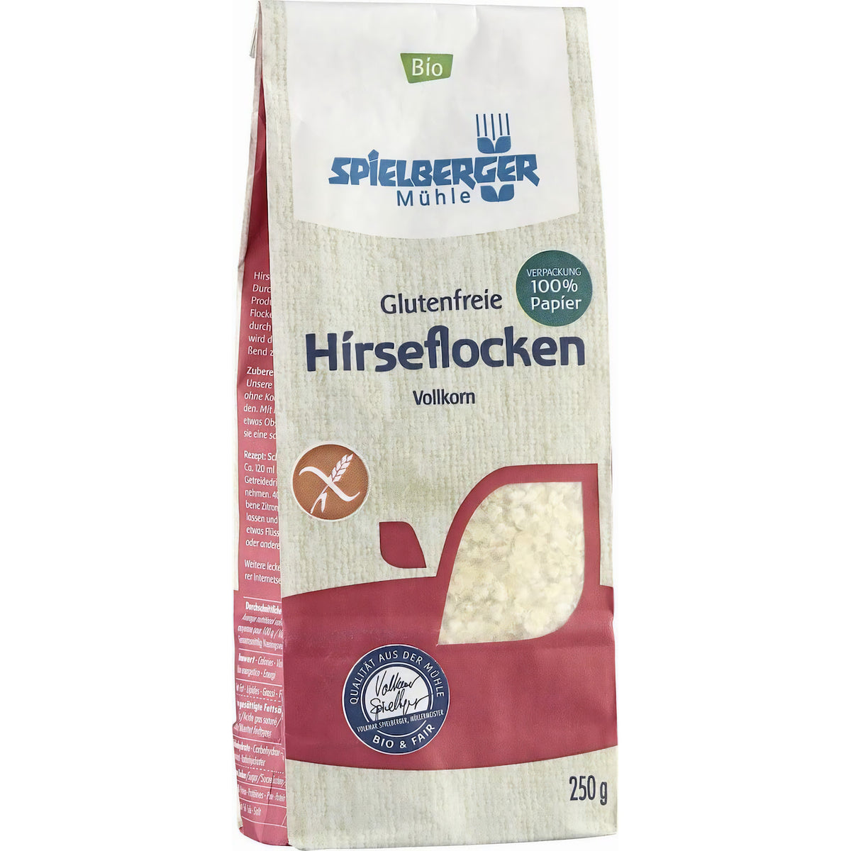 Spielberger glutenfreie Hirseflocken 250g, Papierverpackung frontal fotografiert, Produktinfos und Sichtfenster mit Flocken erkennbar.