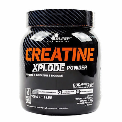 Olimp Creatine Xplode Pulver in einer großen Dose, weißes Pulver für Muskelaufbau und Leistungssteigerung, Nahaufnahme.