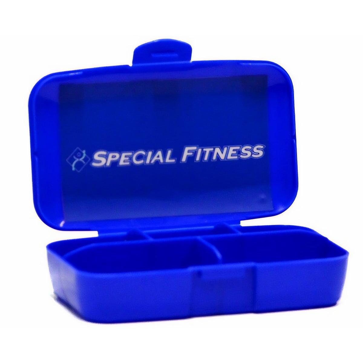 Rote Pillendose und Mixer Shaker von Special-Fitness für die Zubereitung von Nahrungsergänzungsmitteln und Fitnessdrinks.