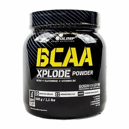 Olimp BCAA Xplode Pulver 500g Dose mit verschiedenen Geschmacksrichtungen, Nahaufnahme der Verpackung und Produktbeschreibung