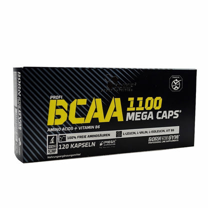 Olimp BCAA Mega Caps, 120 Kapseln, BCAA Nahrungsergänzung, weiße Kapseln in einer offenen Packung