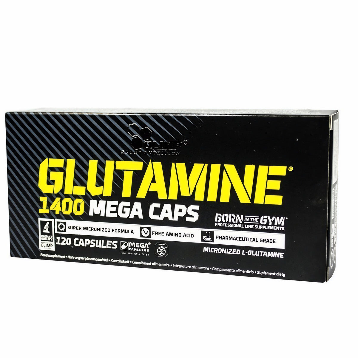 Olimp Glutamine Mega Caps, 120 Kapseln, BCAA und L-Glutamin, Nahaufnahme der Kapseln in einer offenen Packung