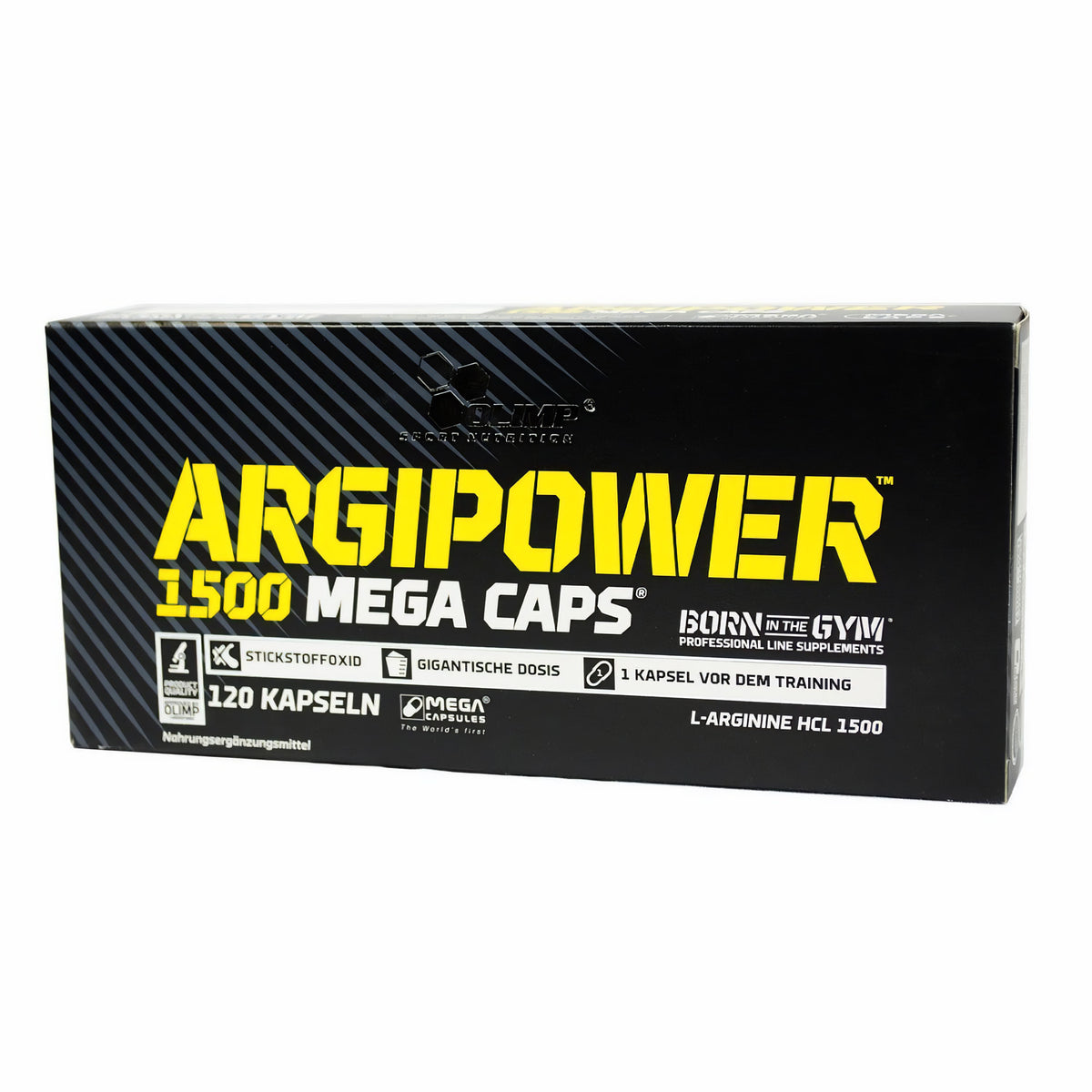 Olimp ARGIPOWER™ 1500 MEGA CAPS® Amino-Kapseln, weiße Tabletten in einer transparenten Dose.