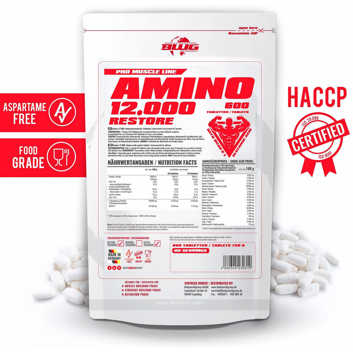 BWG Amino Restore 12000 + BCAA-Tabletten von BodyworldGroup, 600 Stück, 1200 mg BCAA pro Tablette, Nahrungsergänzung