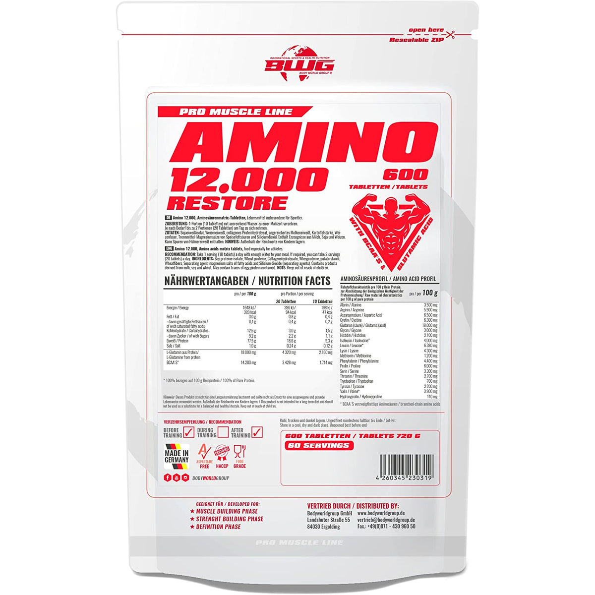 BCAA's Amino Restore 12000 von BodyworldGroup, 600 Tabletten mit 1200 mg BCAAs für Muskelregeneration