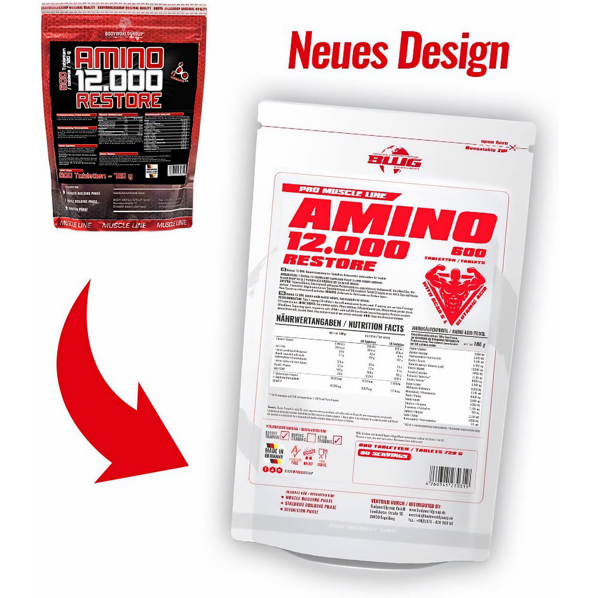 BCAA's Amino Restore 12000 von BodyworldGroup, 600 Tabletten mit 1200 mg BCAA für Muskelregeneration und Leistungssteigerung