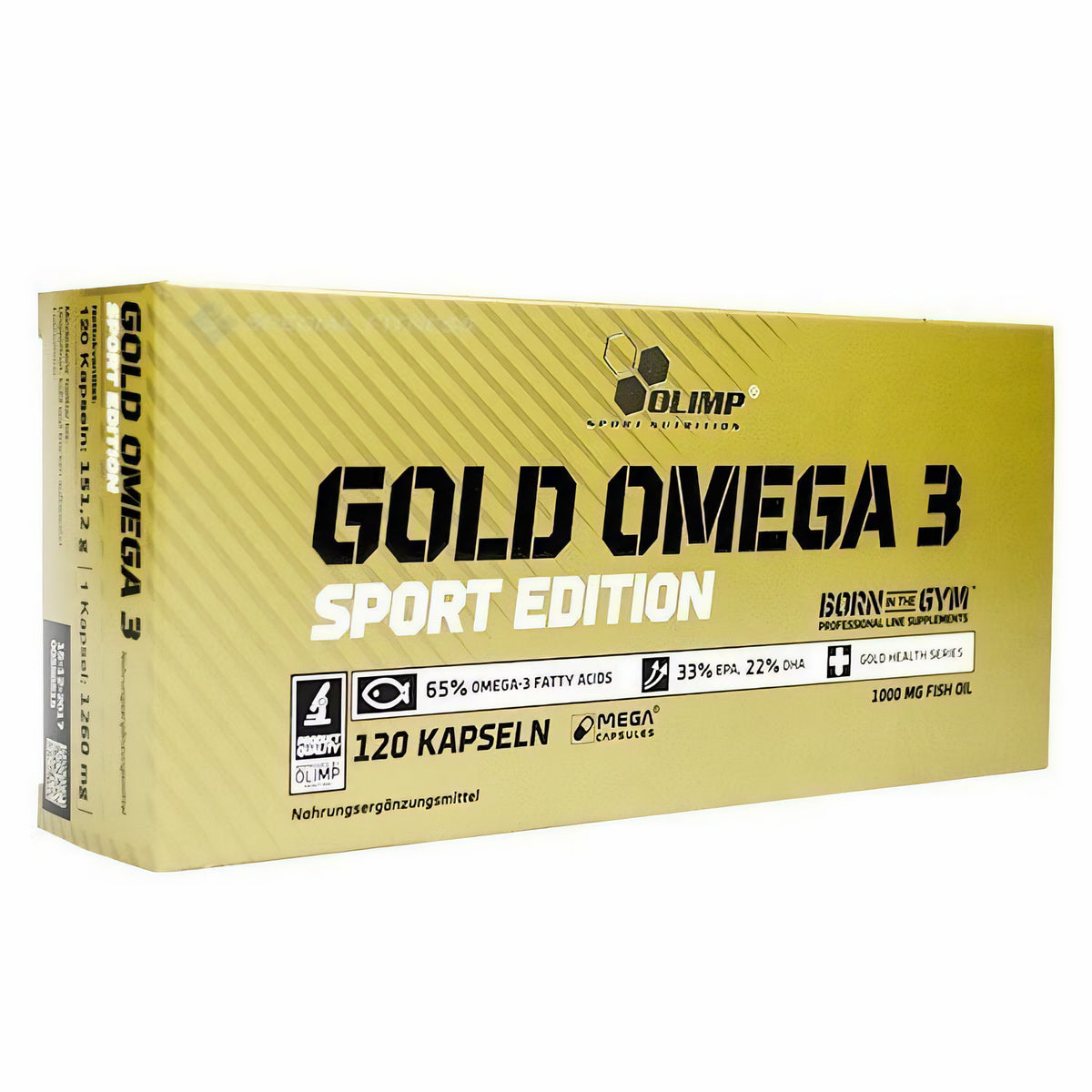 Omega 3 Kapseln der Olimp Gold Omega 3 Sport Edition in einer offenen Packung, sichtbare Kapseln in einer blauen Dose
