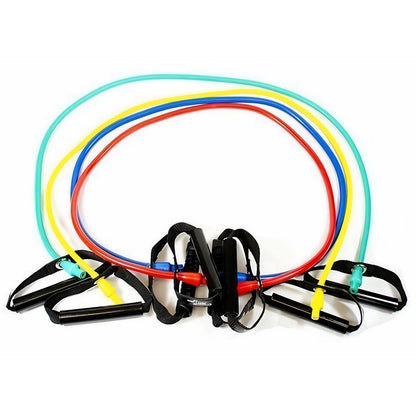 Dittmann BodyTube Gymnastikband mit Plastikgriffen in verschiedenen Stärken für Fitness-Übungen, auf weißem Hintergrund.