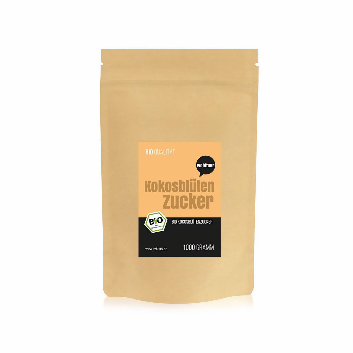 Bio Kokosblütenzucker von Wohltuer, 1000g, ideal zum Backen, zeigt die braune Kristallstruktur in einer Schüssel