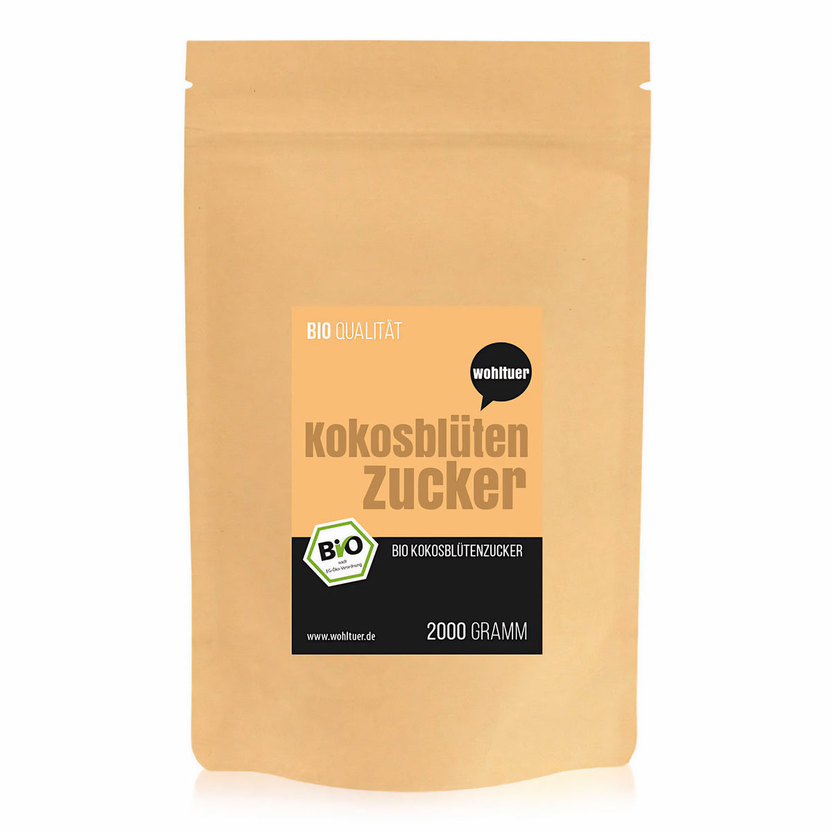 Vorderansicht des verschlossenen wohltuer Kokosblütenzucker 2000g Beutels auf weißem Hintergrund.