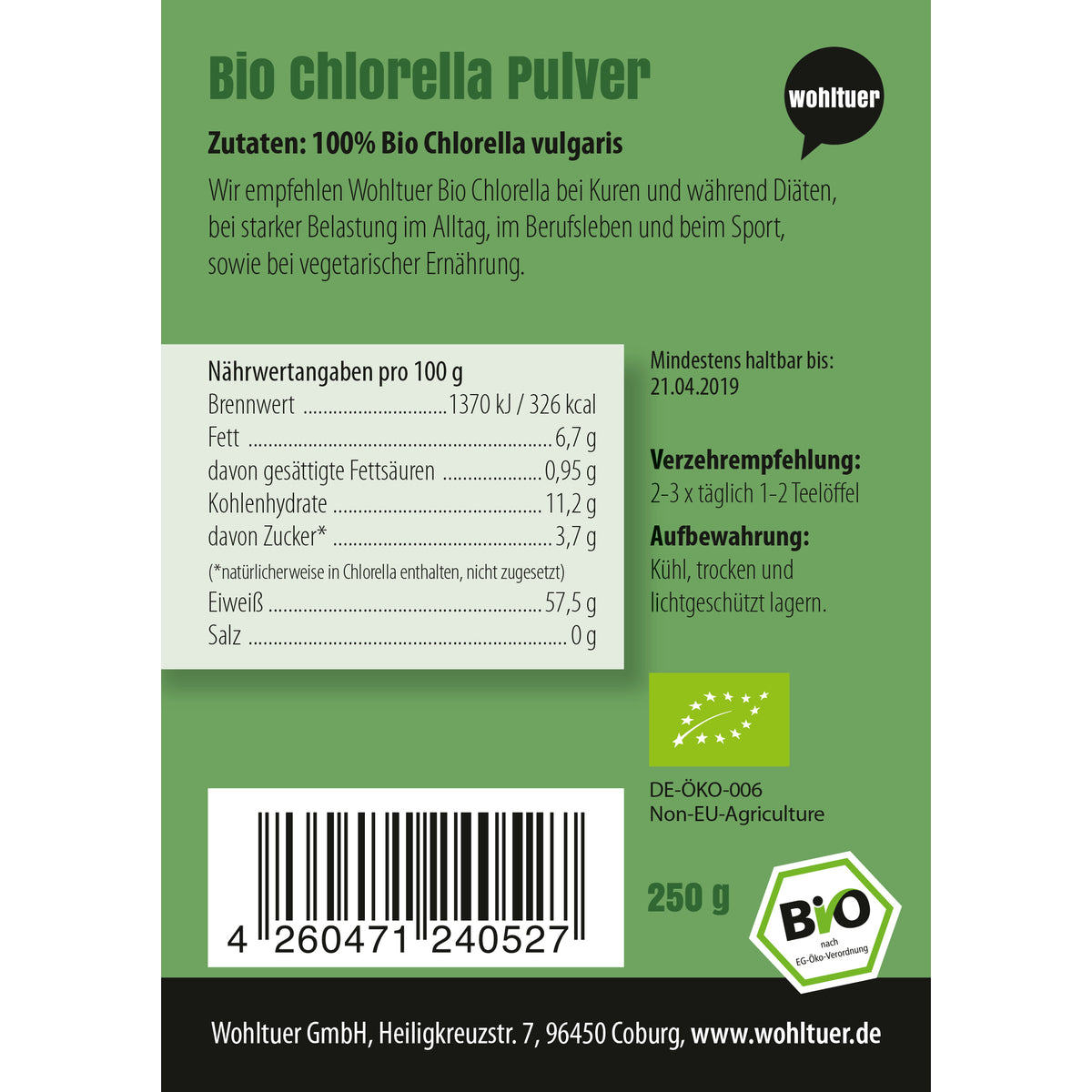 Rückseite der wohltuer Chlorella Algenpulver Verpackung mit Zutatenliste, Nährwerttabelle, Verzehrempfehlung, Barcode und Bio-Siegel.