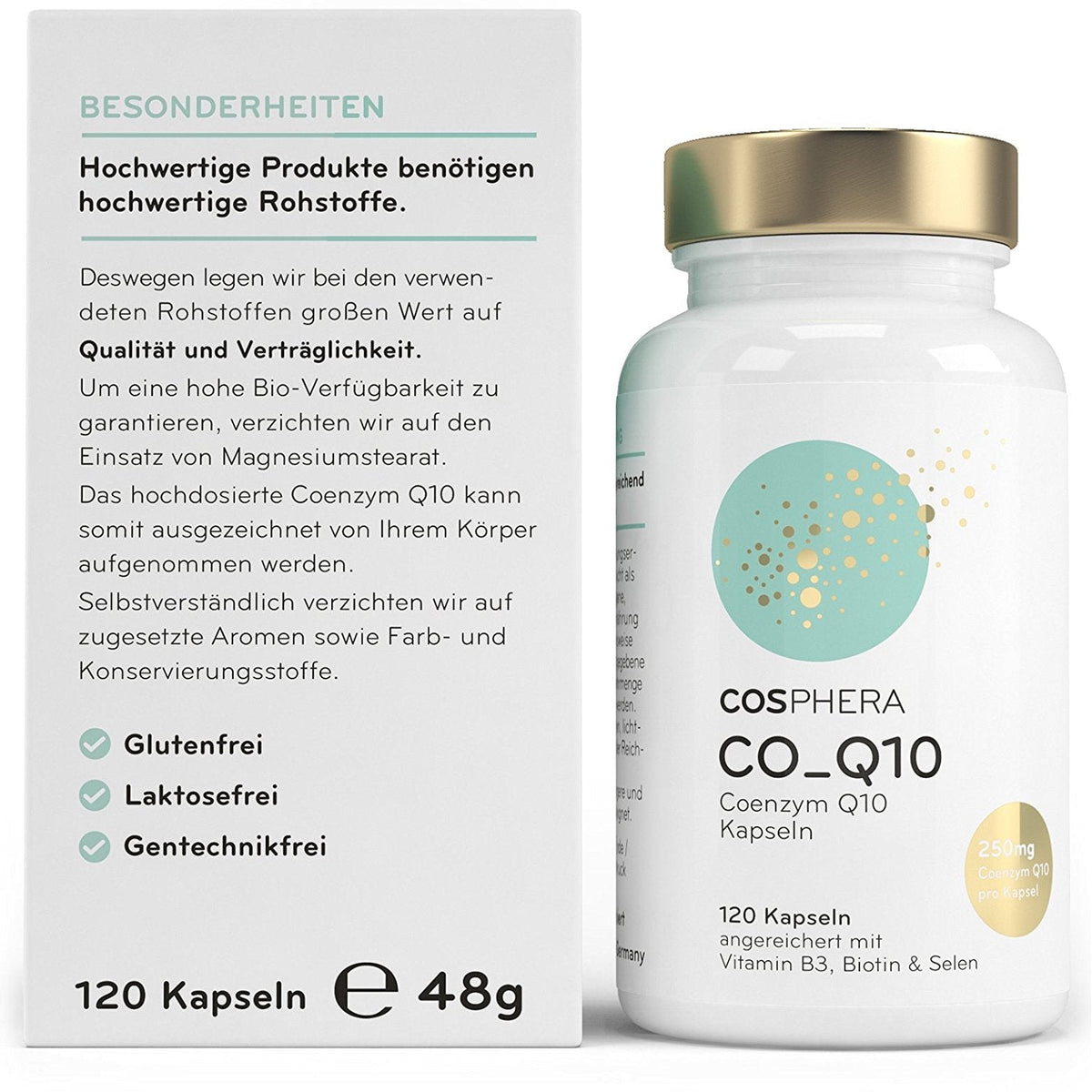 cosphera coenzym Q10 kapseln, Dose mit goldfarbenem Deckel und Verpackung, beide nebeneinander stehend, Vorderseite mit Produktinfos und Siegeln sichtbar