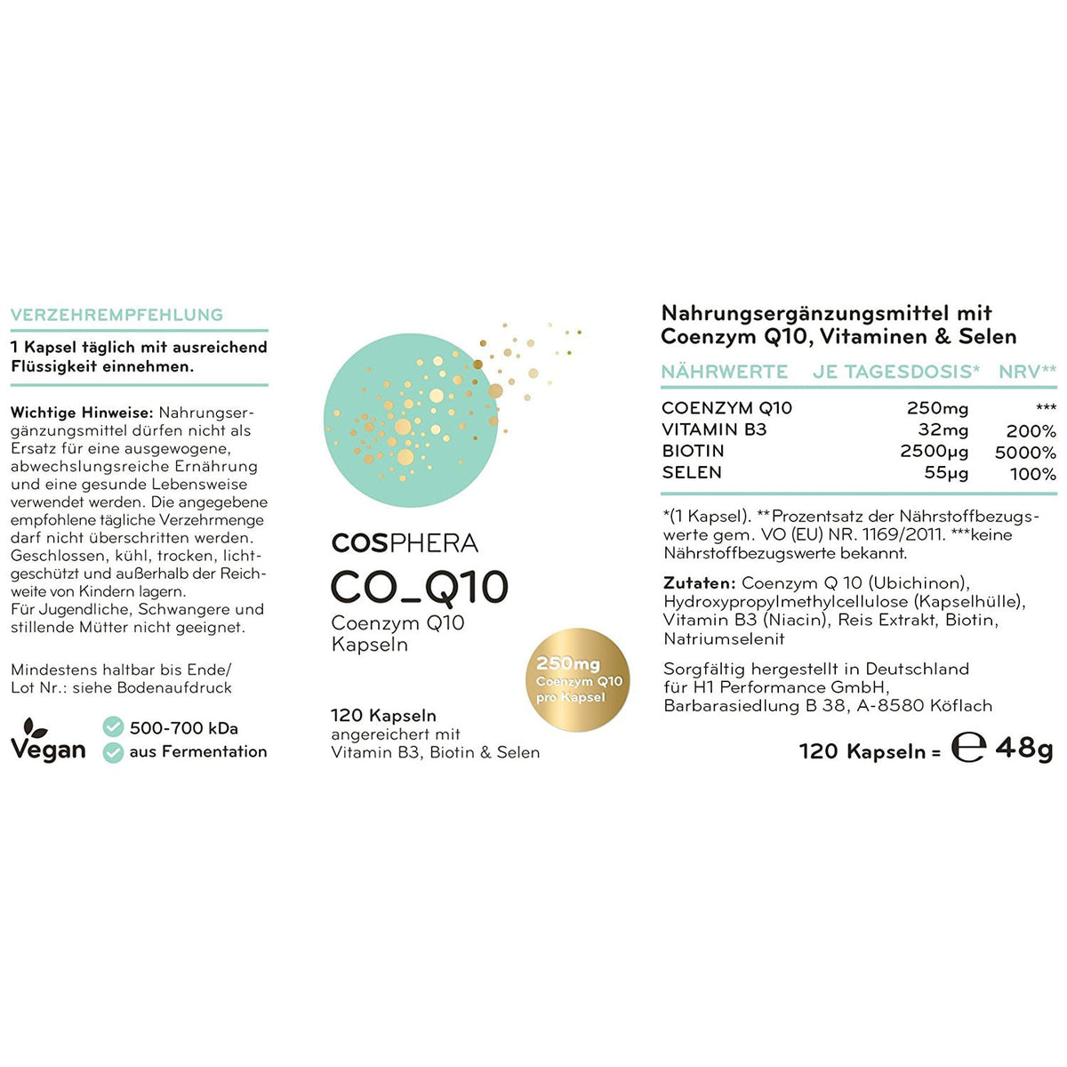 cosphera coenzym Q10 kapseln, Detailaufnahme des Etiketts mit Verzehrempfehlung, Zutatenliste und Nährwerttabelle, 250mg pro kapsel