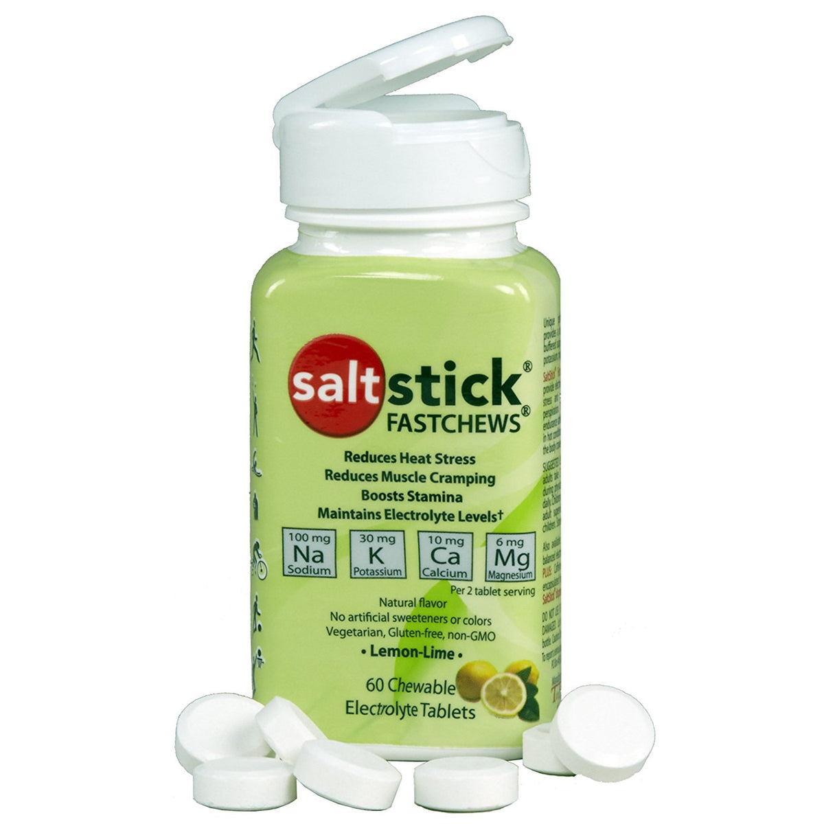 Eine Dose SaltStick Fast Chews Elektrolyt-Kautabletten Zitronen-Limetten-Geschmack mit geöffnetem Deckel, davor mehrere weiße Kautabletten auf weißem Hintergrund.