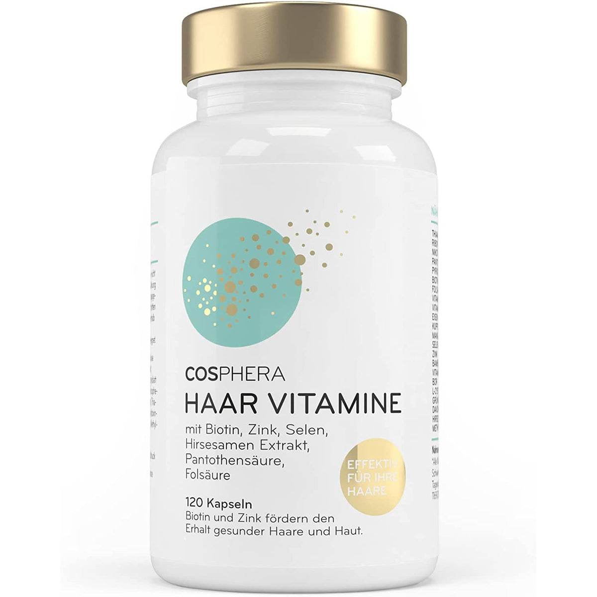 Freigestellte Cosphera Haar Vitamine Dose mit goldfarbenem Deckel, Produktname und Hinweise auf Mineralien und Nährstoffe für gesunde Haare sichtbar.