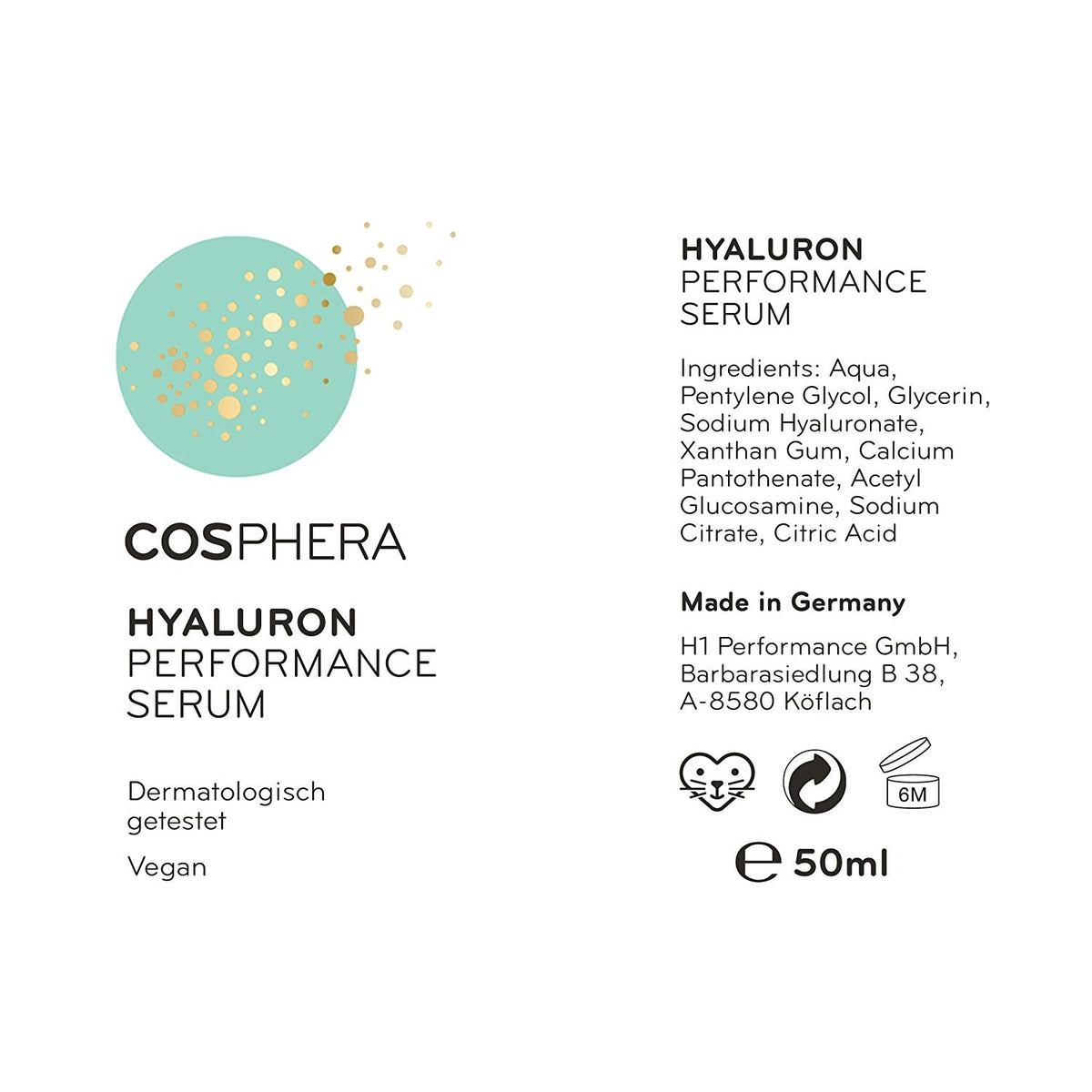 Detailansicht der Verpackung des Cosphera Hyaluron Performance Serum mit Inhaltsstoffen, Herstellerangaben und veganem Symbol.