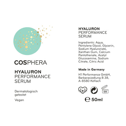 Detailansicht der Verpackung des Cosphera Hyaluron Performance Serum mit Inhaltsstoffen, Herstellerangaben und veganem Symbol.