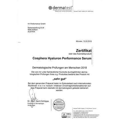Dermatest Zertifikat für Cosphera Hyaluron Performance Serum, bestätigt dermatologische Prüfung mit Bewertung sehr gut.