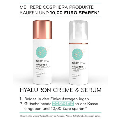 Cosphera Hyaluron Performance Creme und Serum nebeneinander, Hinweis auf Sparaktion beim Kauf mehrerer Produkte, Gutscheincode sichtbar.