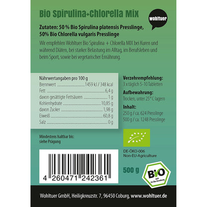 Rückseite der Wohltuer Spirulina Chlorella Tabletten Verpackung mit Zutaten, Nährwertangaben und Barcode.