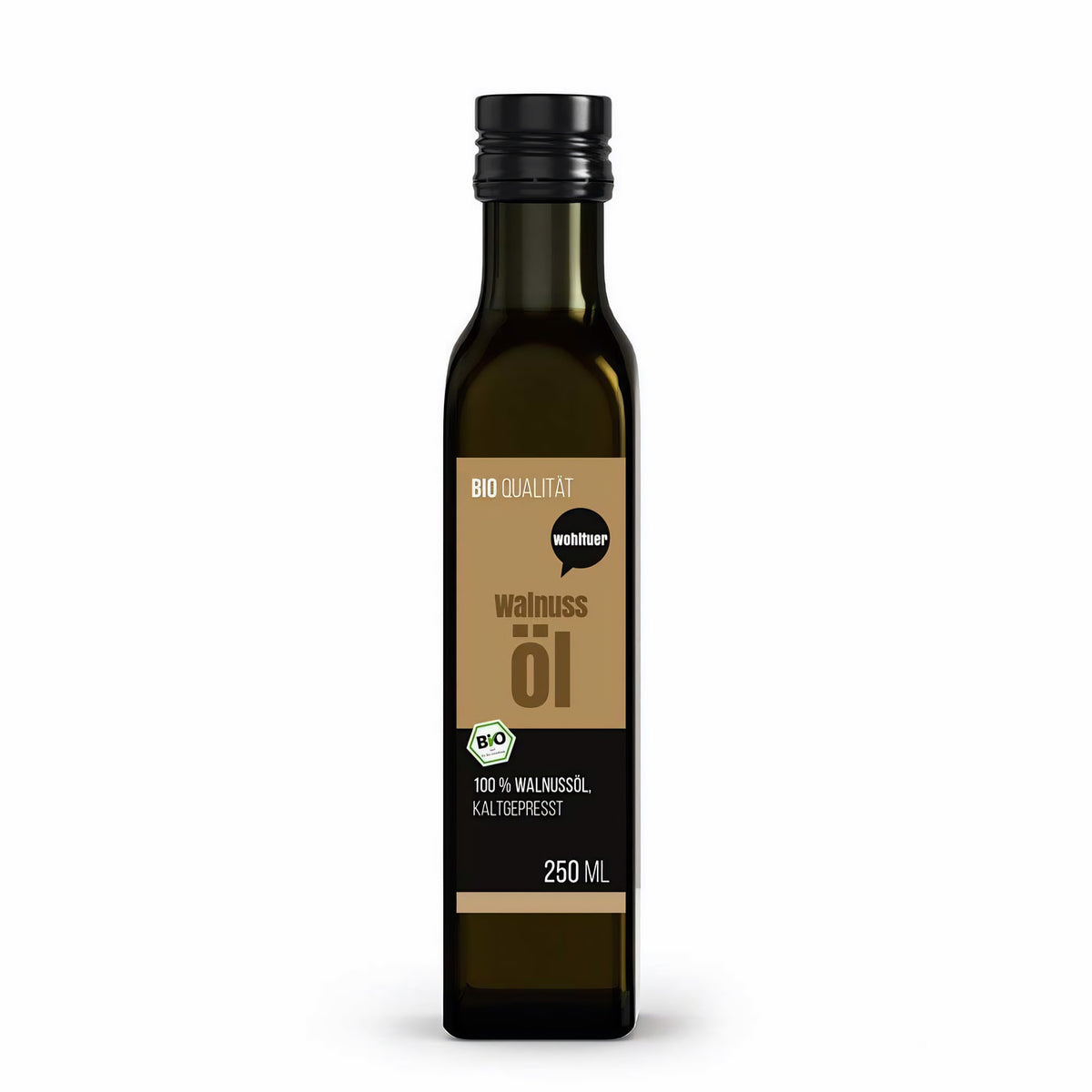 Einzelne Flasche wohltuer Walnussöl kaltgepresst 250ml freigestellt vor weißem Hintergrund.