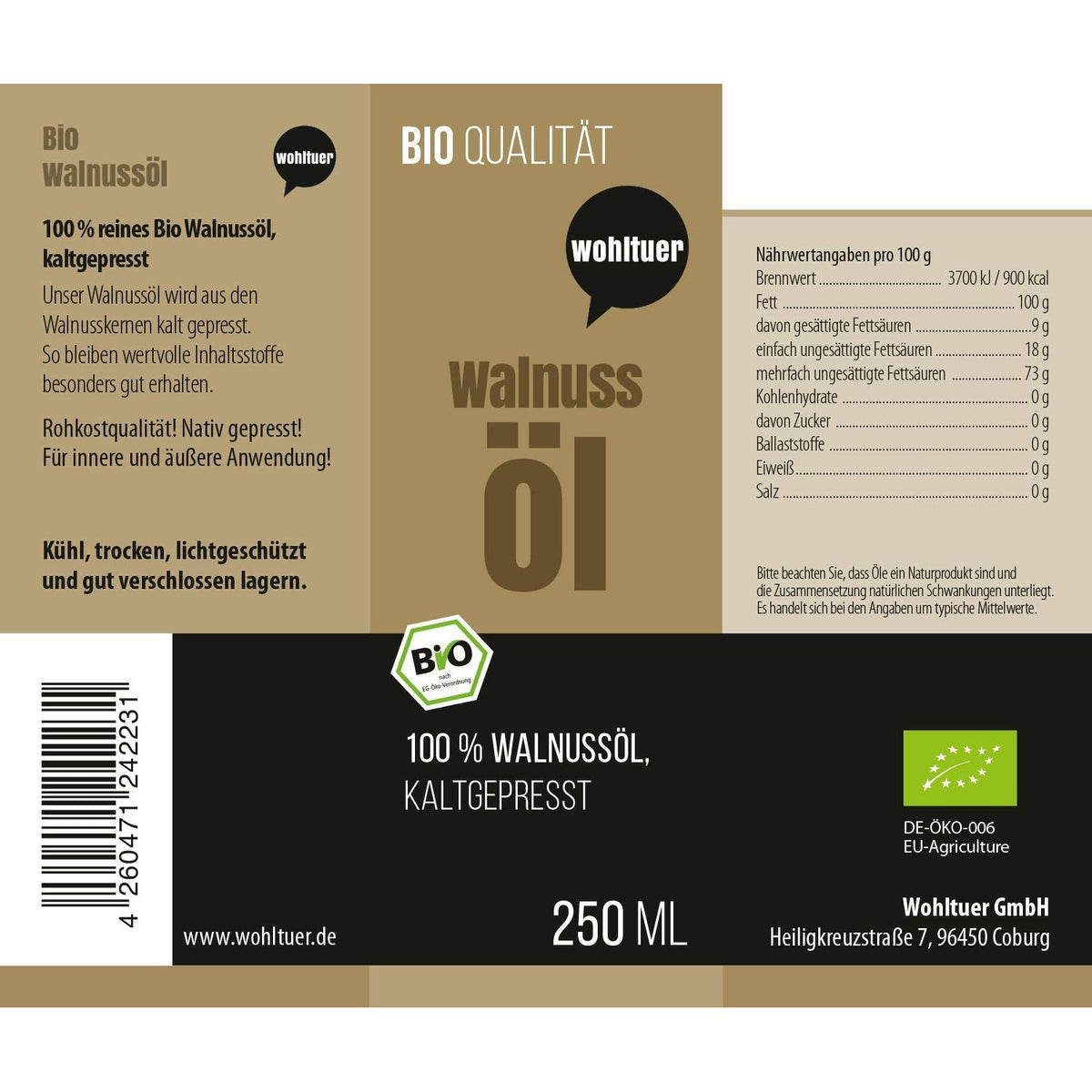 Etikett des wohltuer Walnussöls mit Angaben zu Nährstoffen, Zutaten und Herstellerinformationen, Fokus auf Produktdetails.